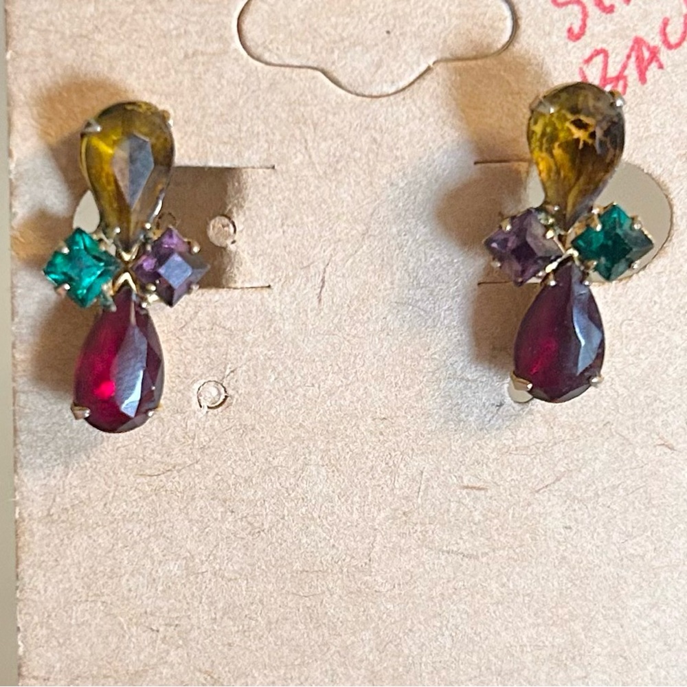 Vintage Multicolor Crystal Rhinestone Teardrop SCREW BACK Earrings